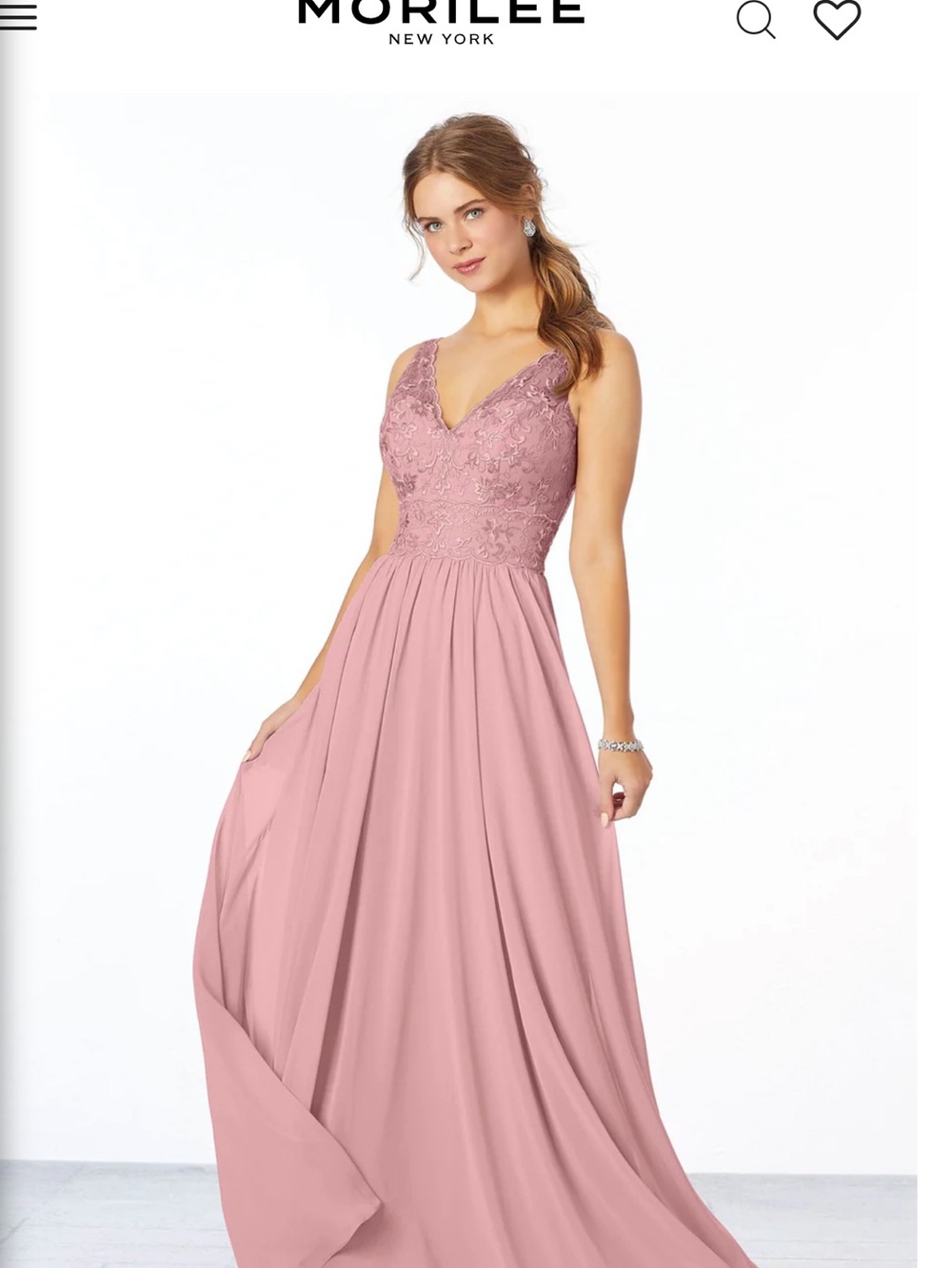 Mori Lee Dusty Rose Lace Bodice V-Neck Maxi Gown